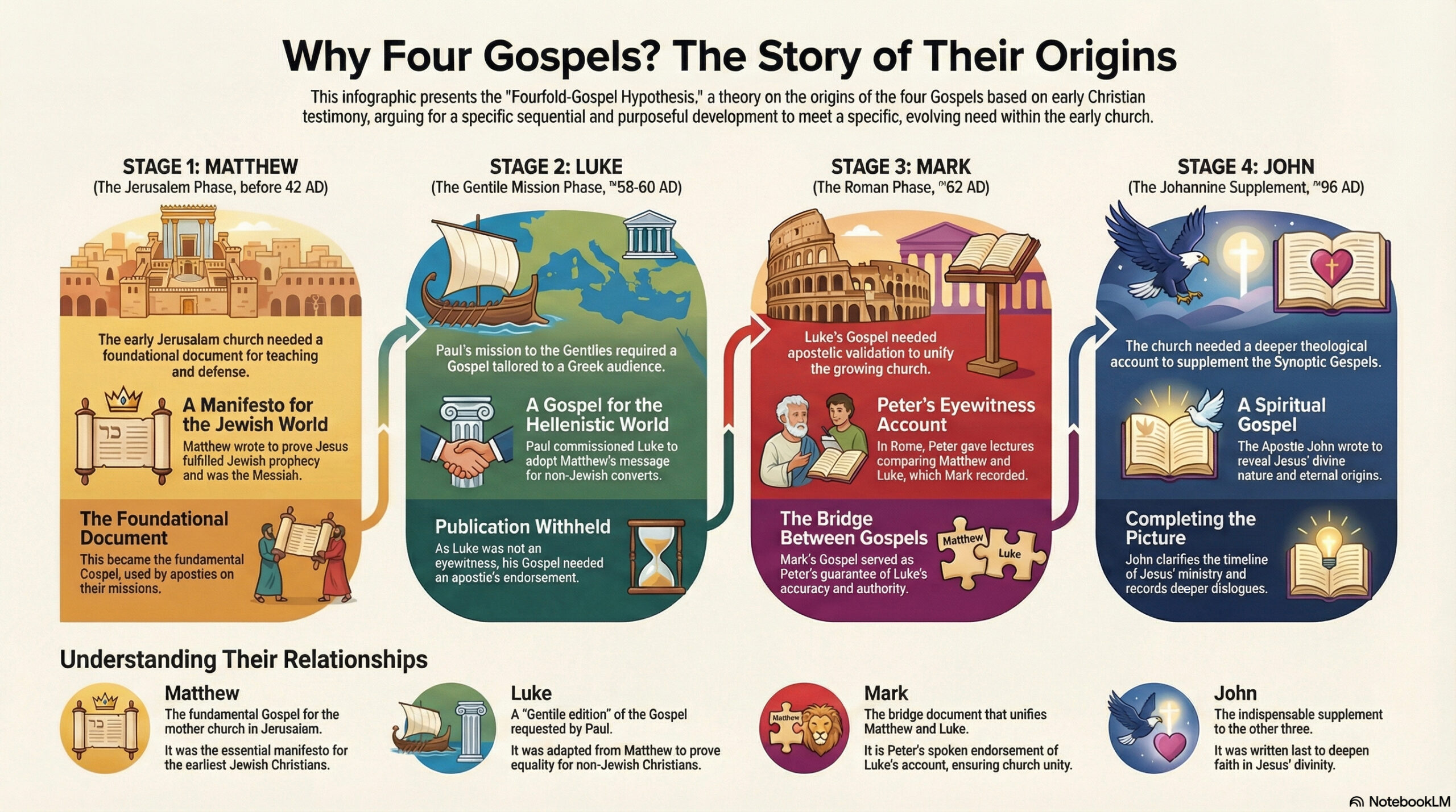 An infographic showing a summary of the arguments in Why Four Gospels by Dr. David Alan Black.